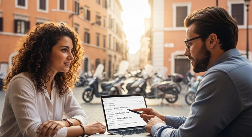 Local business owner meeting an SEO consultant in a Roman street café, discussing Google search results like ‘pizzeria vicino a me’ and ‘idraulico Roma Prati’ on a laptop — concept of local SEO in Rome.