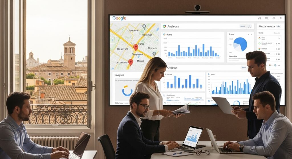 SEO team in a modern Rome office analyzing Google Maps and data dashboards with charts labeled Trastevere and Piazza Venezia, representing data-driven local SEO strategies for businesses in Rome.
