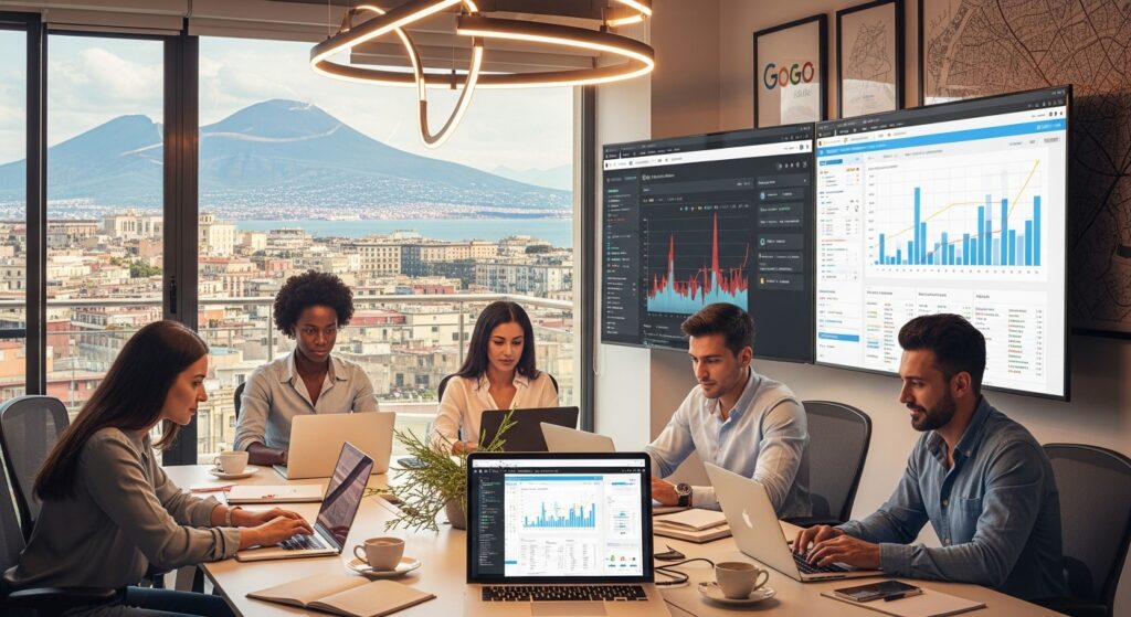 Team SEO al lavoro con vista su Napoli e Vesuvio, analizzando dati e strategie digitali per aziende locali.