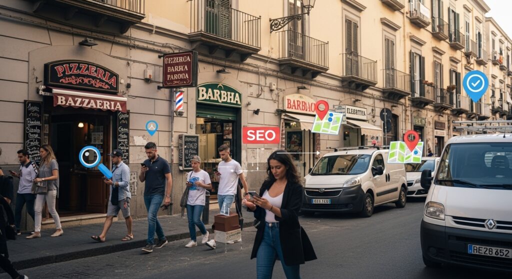 Persone in strada nel centro di Napoli con icone SEO e mappe, simbolo di ricerche locali e visibilità online.